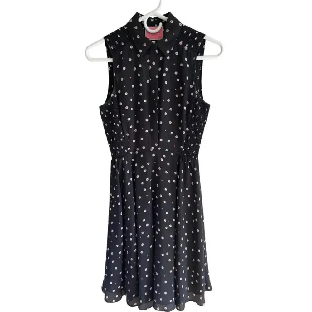 Kate Spade New York Daisy Dot Shirt Dress Size 0 Black Pink Polka Dot Florals